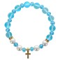 Bracelet sur elastique en pierre de lune synthetique Ø 8 mm & coquille naturelle avec croix acier inoxydable. LOT 5 ASSORTIS.